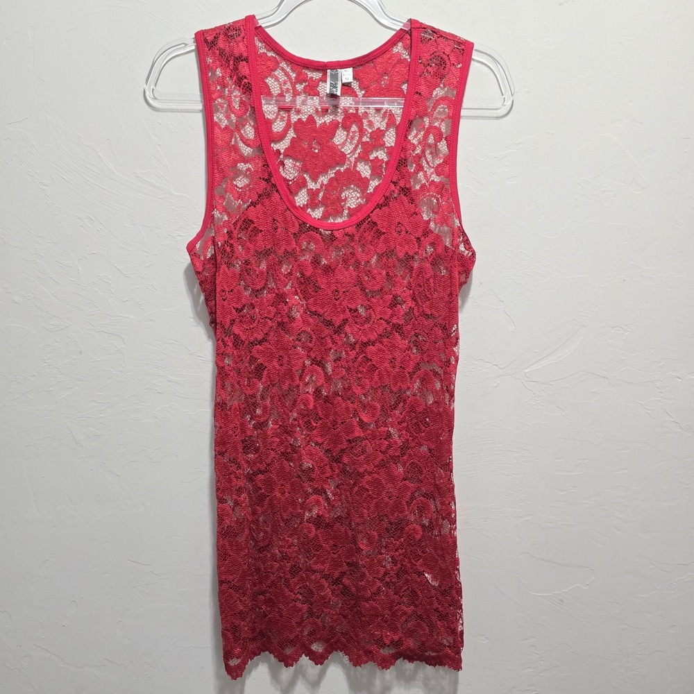 BKE Y2K Red Floral Lace Mesh Tank Top Women's XL Racerback Sheer Long Tunic Goth